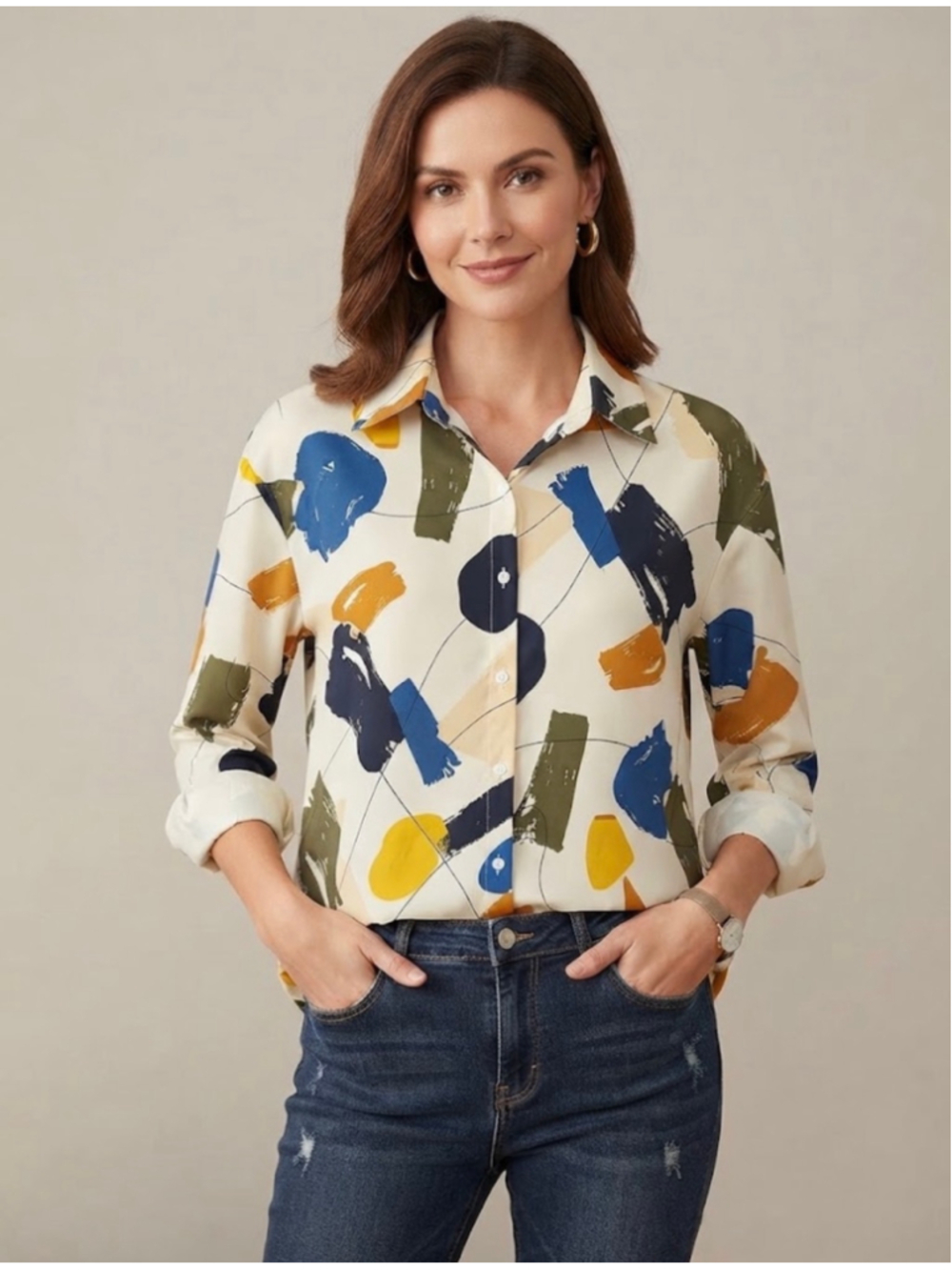 SHEIN Button Down Shirt Size M Beige Multi-color Abstract Print